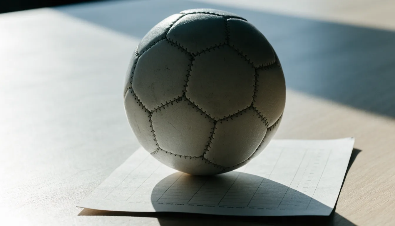 Uma bola de futebol pousada sobre um talão de apostas em branco numa mesa de madeira, à luz do dia