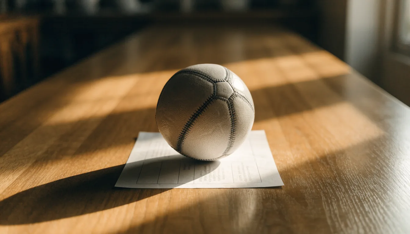 Uma bola de futebol pousada sobre um talão de apostas em branco numa mesa de madeira, à luz do dia